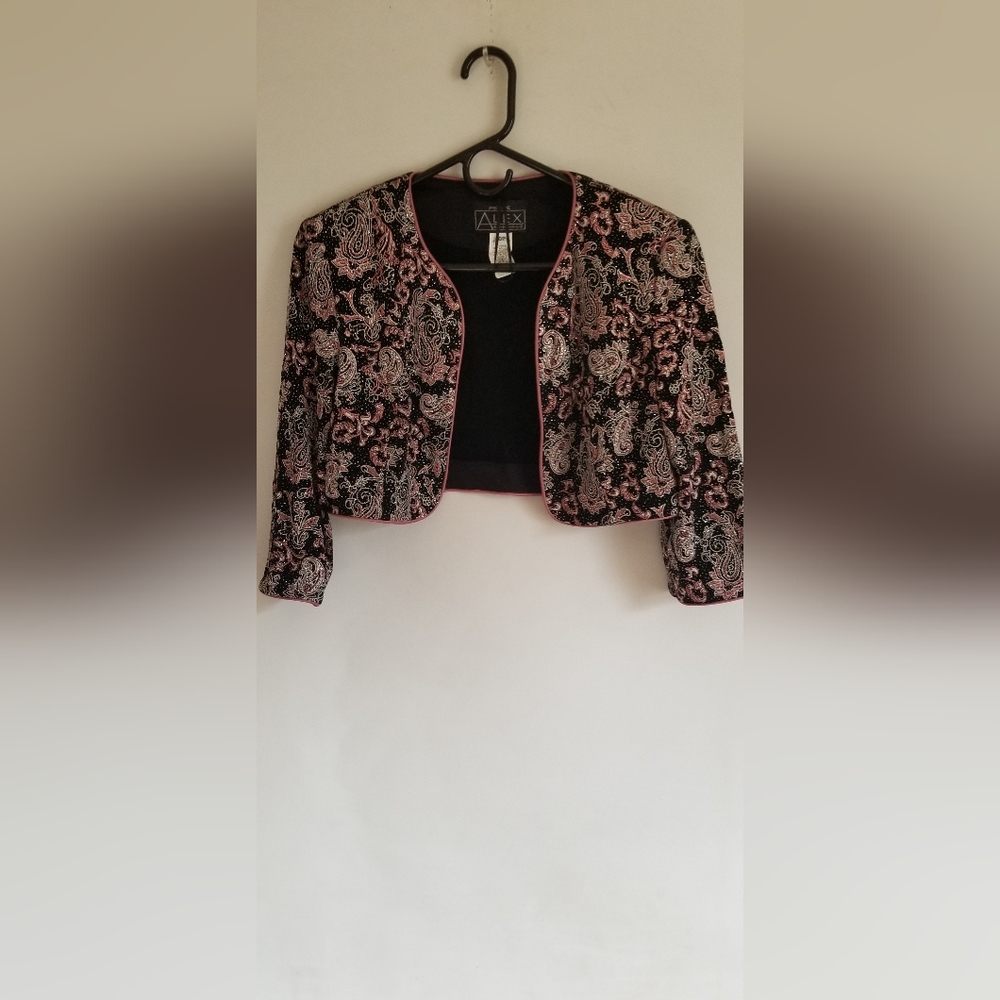 Women's Alex Evenings cropped bolero jacket Sz10P black mauve and sparkles - Picture 8 of 11